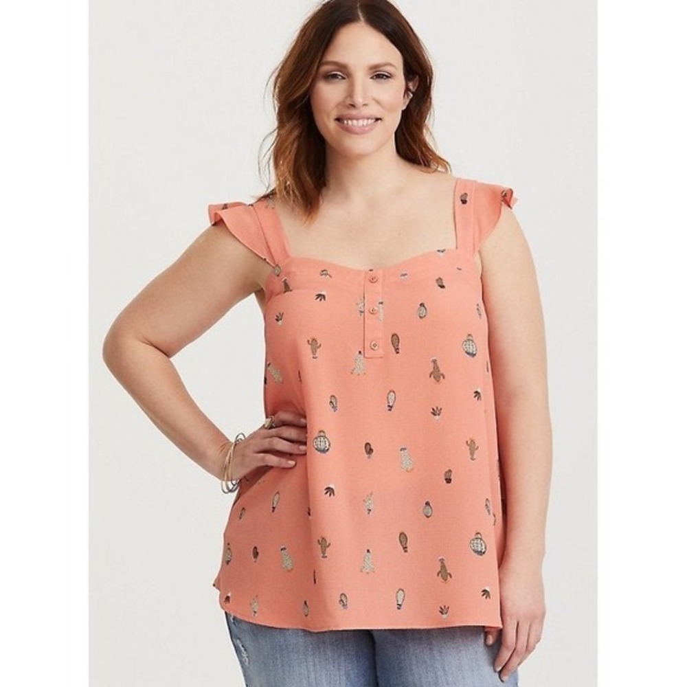✨Torrid Women's Plus Size Peach Cactus Print‎ Sleeveless Flutter Top Size 1